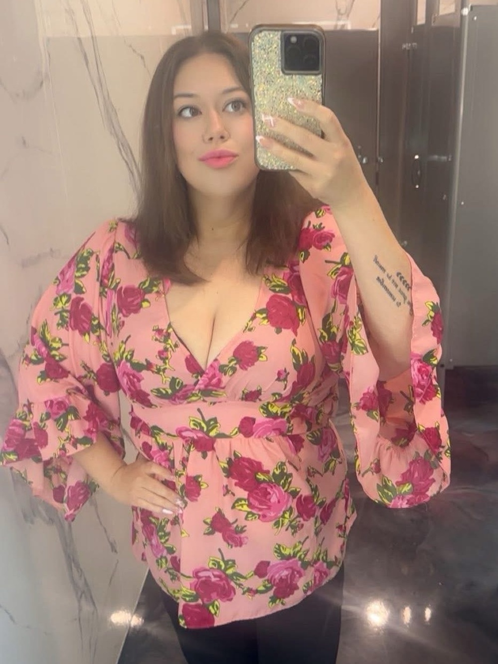 Betsey Johnson Large Pink Rose Floral Tunic Flutter Sleeves Babydoll Blouse